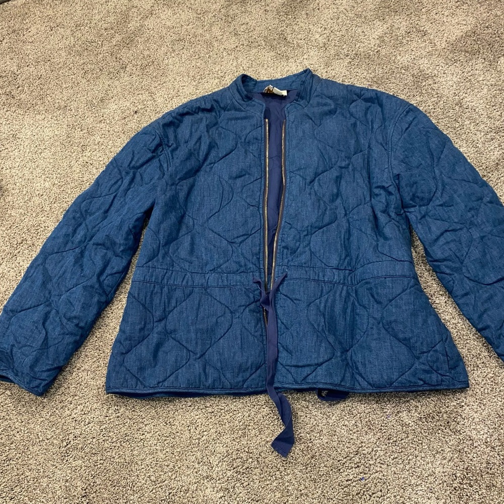 Blue quilted Kate Spade coat, cinched/tie waist